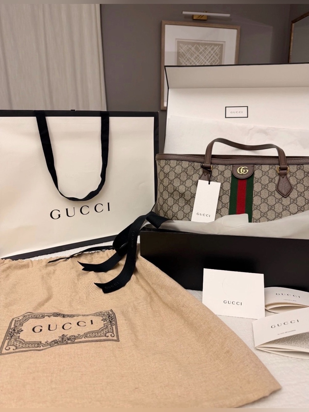Gucci Ophidia GG Supreme Tote Bag 631685/525040 Beige Web Complete Set Authentic